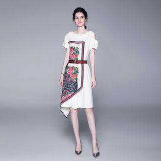 Short-sleeve Asymmetric Cold Shoulder Paneled A-line Dress