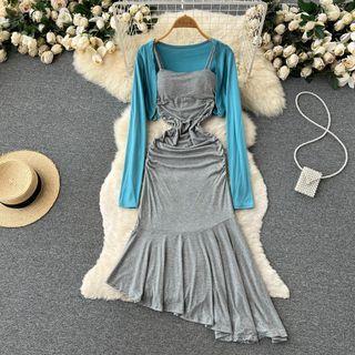 Set Of 2 : Suspender Plain Ruched Asymmetrical Dress + Long-sleeve Cropped Cardigan
