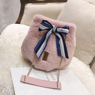 Striped Bow Furry Bucket Bag
