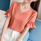 Plain V-neck Ruffle Trim Short-sleeve Top