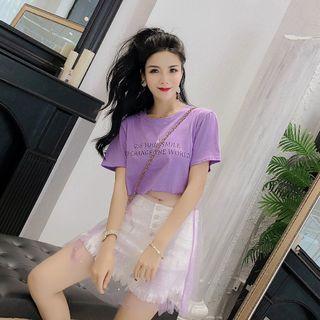 Faux Pearl Mesh Panel Print T-shirt