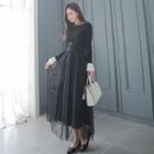 Long-sleeve Sheer Panel Knitted Midi Dress