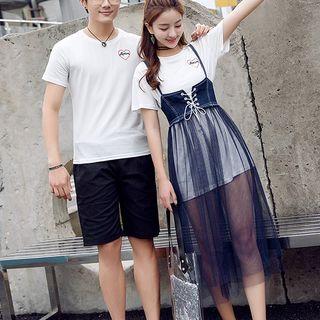 Couple Matching Crew-neck Short-sleeve Shirt Dress / Mesh Spaghetti Strap Dress / Crew-neck Short-sleeve T-shirt / Plain Shorts