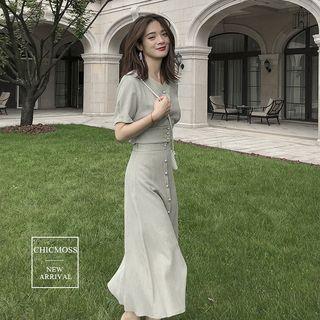 Set: Short-sleeve Chiffon Top + Midi A-line Skirt