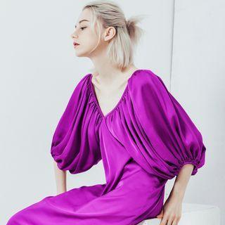 Elbow-sleeve Satin Midi Shift Dress