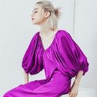 Elbow-sleeve Satin Midi Shift Dress