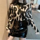 Leopard Print Sweater / Patent A-line Mini Skirt