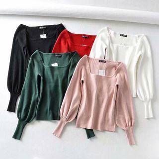 Balloon-sleeve Square Neck Knit Top