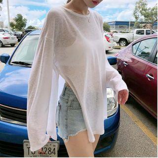Side-slit Long-sleeve T-shirt With Bandeau - White - One Size