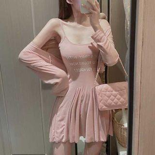 Spaghetti Strap Lettering A-line Dress / Cropped Cardigan