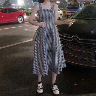 Sleeveless Plaid A-line Midi Dress Plaid - Black & White - One Size