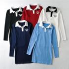Long-sleeve Lettering Print Mini Sheath Polo Dress