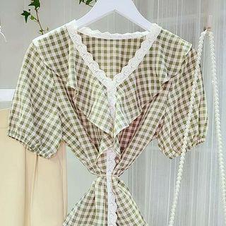 Gingham Ruffled Lace Trim Short-sleeve Blouse