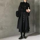 Peter Pan Collar Puff-sleeve Long Dress Black - One Size