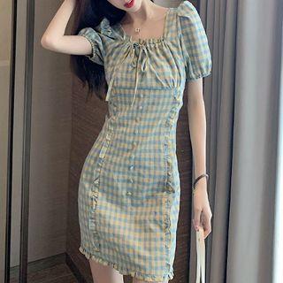 Puff-sleeve Plaid Frill Trim Mini Sheath Dress