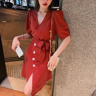 Elbow-sleeve Drawstring-waist Asymmetric Dress