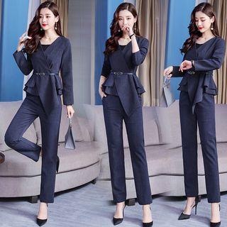 Set: V-neck Asymmetric Blazer + Dress Pants