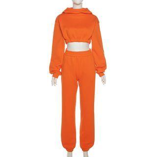 Set: Cropped Hoodie + High-waist Straight-leg Pants