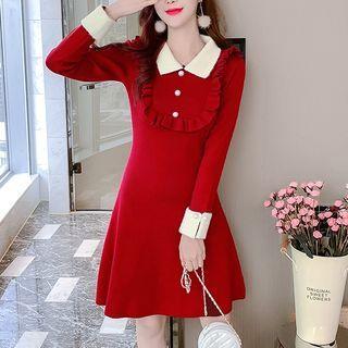 Long-sleeve Ruffled Knit A-line Dress