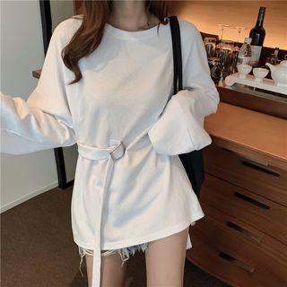 Long-sleeve Tie-waist Plain T-shirt