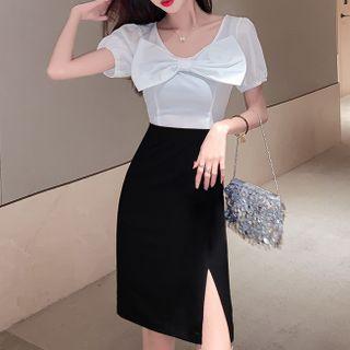 Puff-sleeve Two-tone Bow-front Sheath Dress