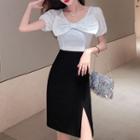 Puff-sleeve Two-tone Bow-front Sheath Dress