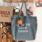 Lettering Canvas Tote Bag Denim Blue - One Size