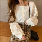 Puff-sleeve Plain Blouse / Plain High-waist Midi Skirt