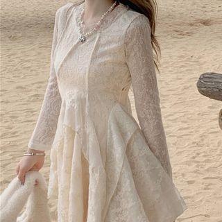 Long-sleeve Asymmetrical Lace Mini A-line Dress / Cardigan