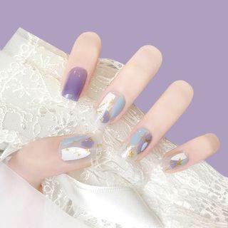 Print Gold Leaf Faux Nail Tips Pd-65 - Blooming - Purple & Blue - One Size