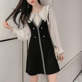 Striped Mock Two-piece Long-sleeve A-line Dress