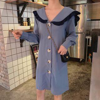 Long-sleeve Frill-trim Button-down Dress