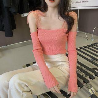 Mesh Panel Cold-shoulder Knit Top