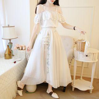 Set: Short-sleeve Cold Shoulder Ruffled Top + Frog Buttoned Embroidered Floral Chiffon A-line Midi Skirt