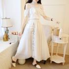 Set: Short-sleeve Cold Shoulder Ruffled Top + Frog Buttoned Embroidered Floral Chiffon A-line Midi Skirt