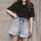Elbow-sleeve Number Cropped Buttoned T-shirt