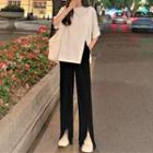 Short-sleeve Side-slit T-shirt / Front-slit Straight Leg Pants