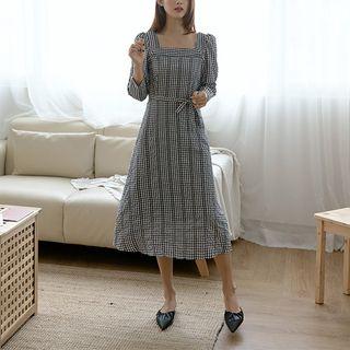 Square-neck Puff-sleeve Midi Gingham Dress