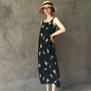 Flower Print Wide-strap Midi Dress Black - One Size