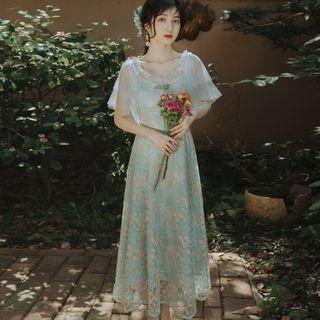 Flower Embroidered Off-shoulder Maxi A-line Dress