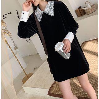 Embroidered Collar Long-sleeve Velvet Dress Black - One Size