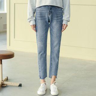 Cropped Embroidered Fray-hem Jeans