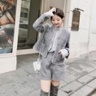 Pocket Detail Tweed Jacket / High Waist Shorts / Front Slit A-line Skirt