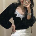 Balloon-sleeve Lace Trim Velvet Blouse