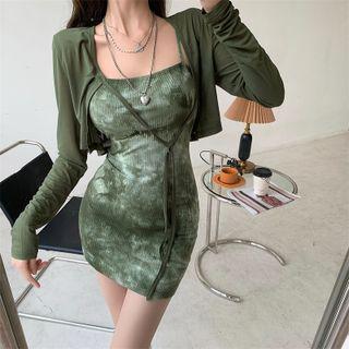 Spaghetti Strap Tie-dyed Bodycon Dress / Cardigan