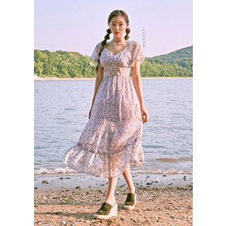 Plunge-neck Floral Chiffon Midi Dress