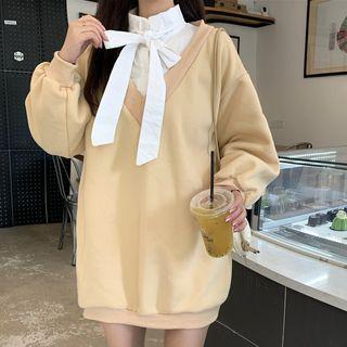 Mock Two-piece Bow Accent Oversize Pullover