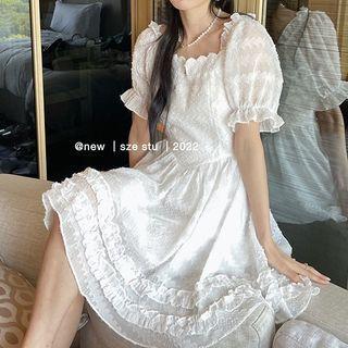 Frill Trim Puff-sleeve Square Neck Dress