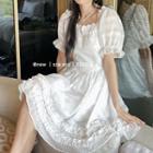 Frill Trim Puff-sleeve Square Neck Dress