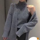 Set: Open-front Cardigan + Mock-turtleneck Sleeveless Sweater Cardigan - Gray - One Size / Sweater - Gray - One Size